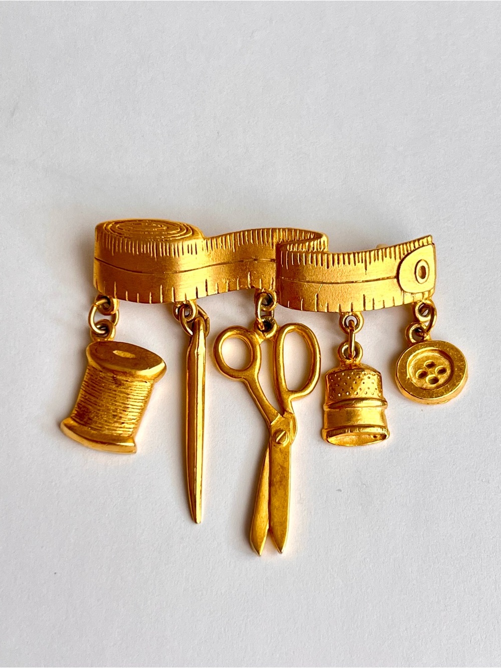 Vintage Signed JJ Sewing Theme Dangle Brooch Pin Tape Measure Scissors Thimble